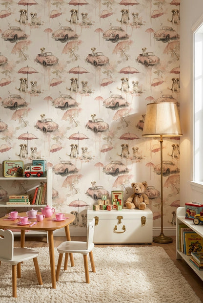 Dogs Wallpaper Vintage Cars Removable Umbrellas Wall Mural