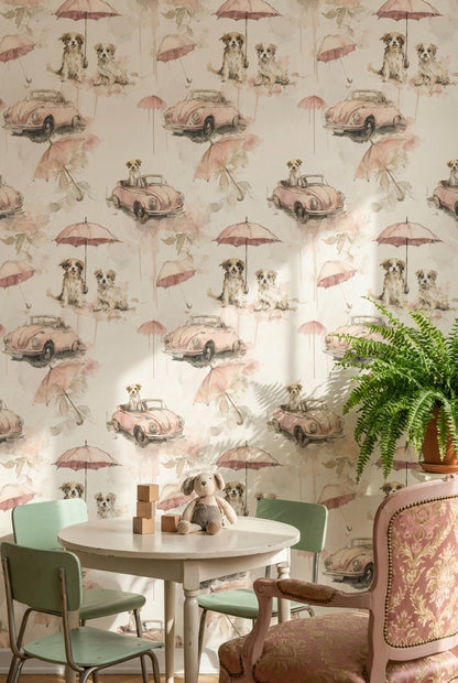Dogs Wallpaper Vintage Cars Removable Umbrellas Wall Mural