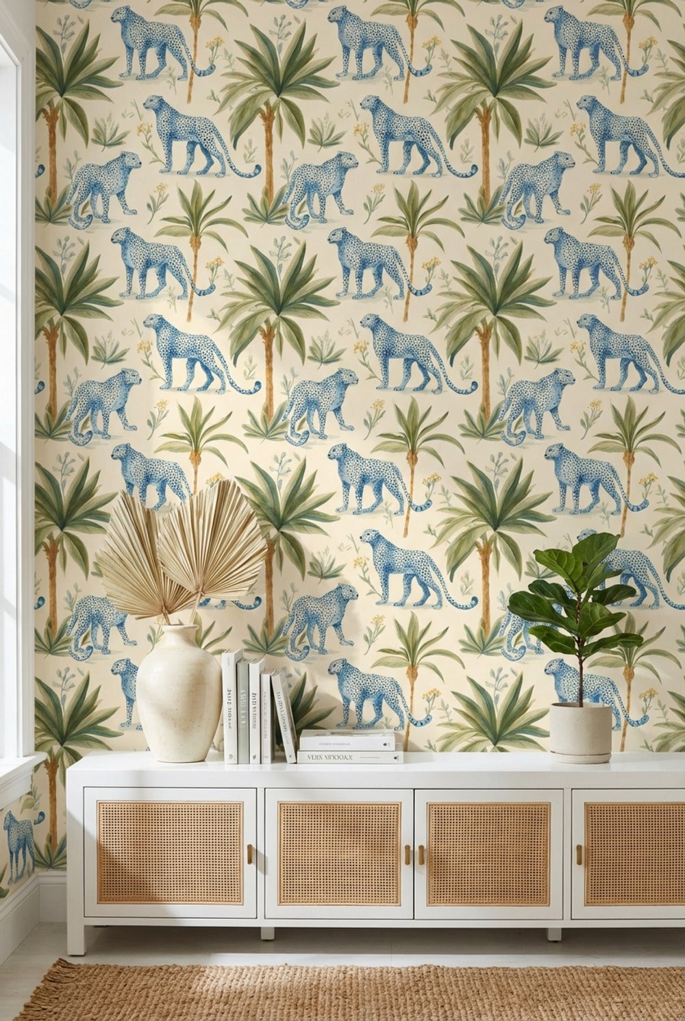 Leopards Wallpaper Tropical Blue Wall Decor