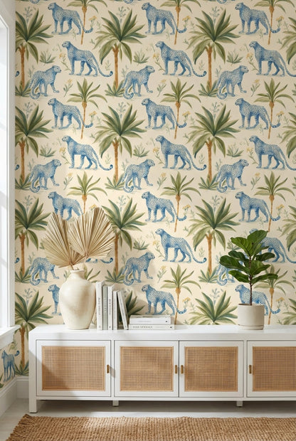 Leopards Wallpaper Tropical Blue Wall Decor