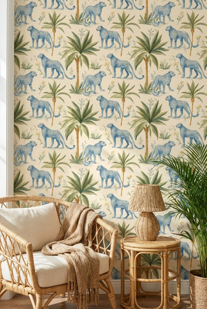 Leopards Wallpaper Tropical Blue Wall Decor