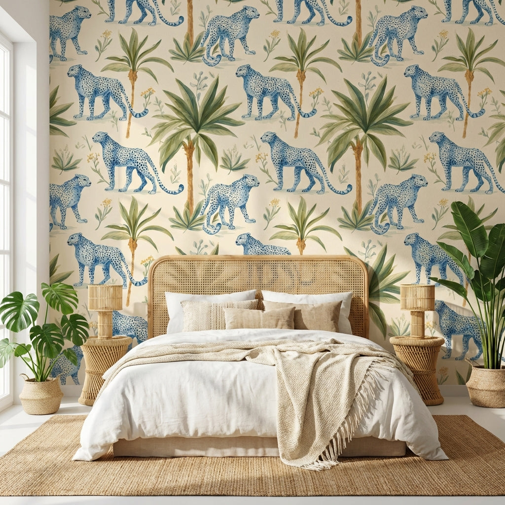 Leopards Wallpaper Tropical Blue Wall Decor