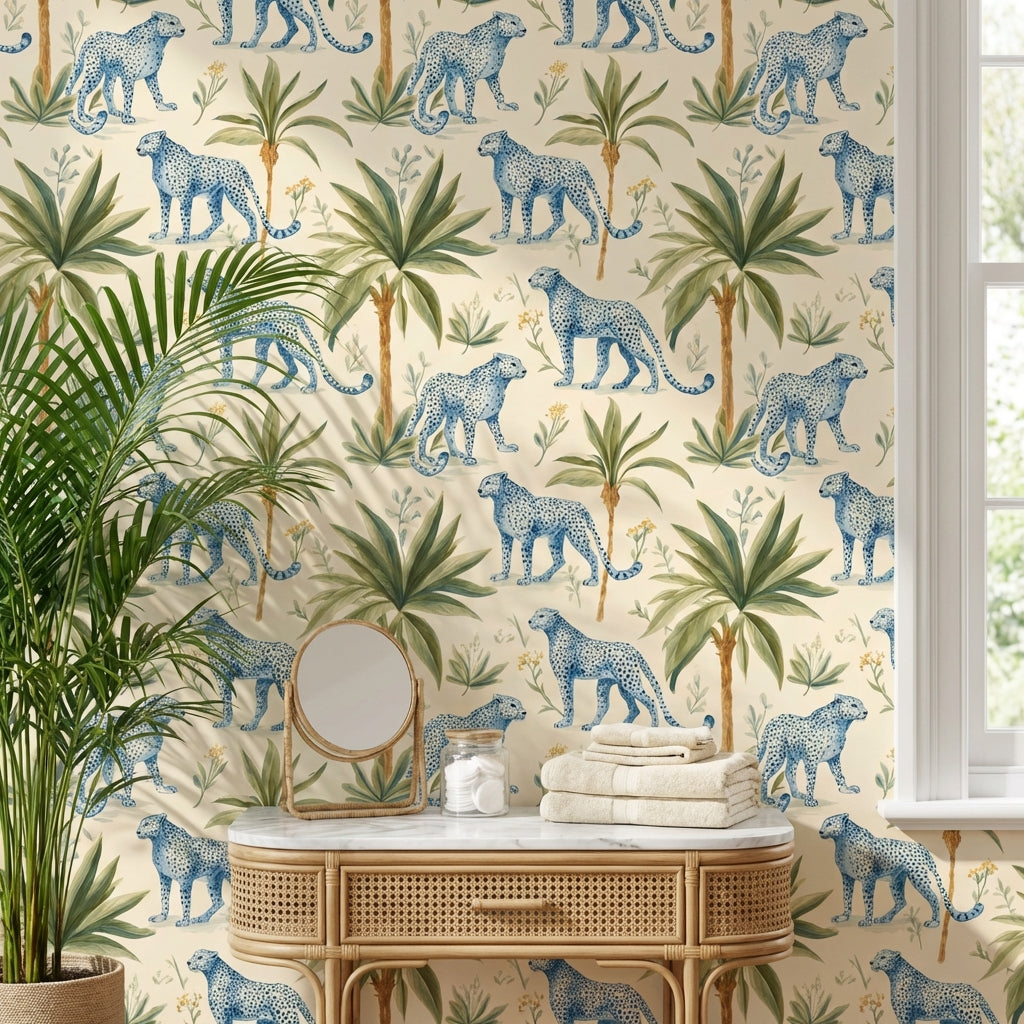 Leopards Wallpaper Tropical Blue Wall Decor