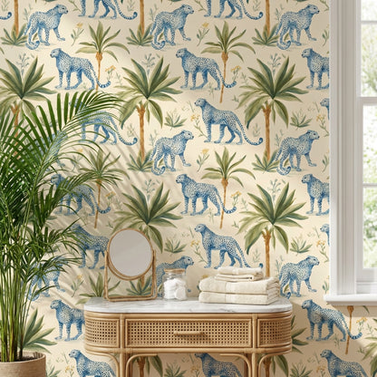 Leopards Wallpaper Tropical Blue Wall Decor