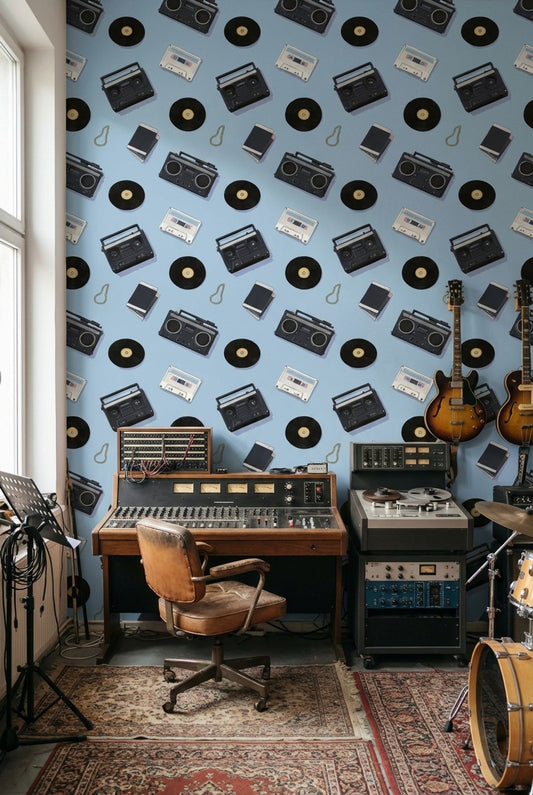 Retro Music Wallpaper Vinyl Cassette Decorative Mural
