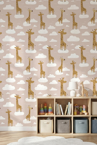 Giraffes Wallpaper Clouds Playful Decorative Mural