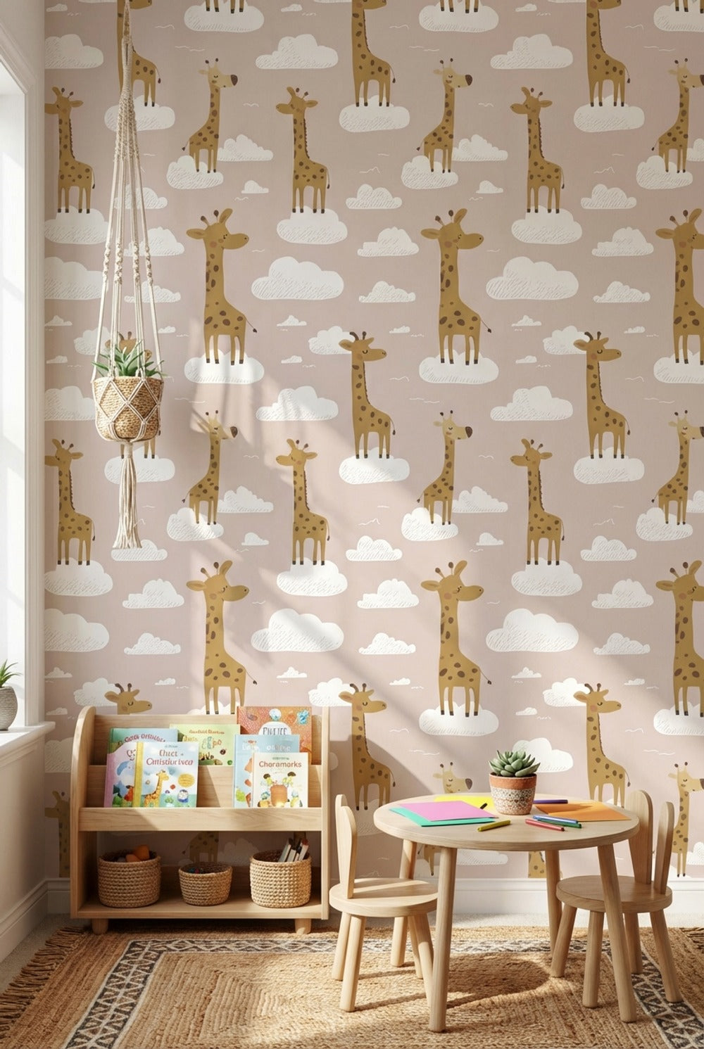 Giraffes Wallpaper Clouds Playful Decorative Mural