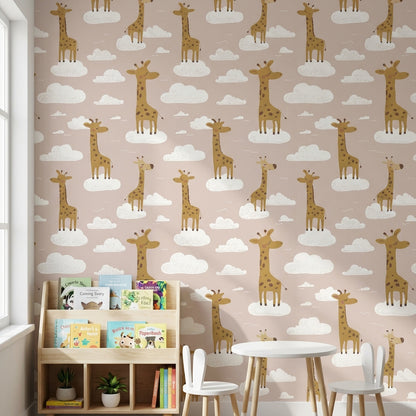 Giraffes Wallpaper Clouds Playful Decorative Mural