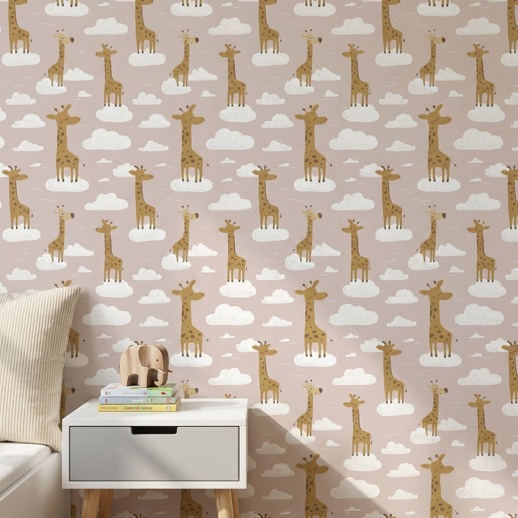 Giraffes Wallpaper Clouds Playful Decorative Mural