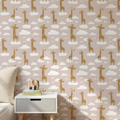 Giraffes Wallpaper Clouds Playful Decorative Mural