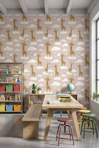 Giraffes Wallpaper Clouds Playful Decorative Mural