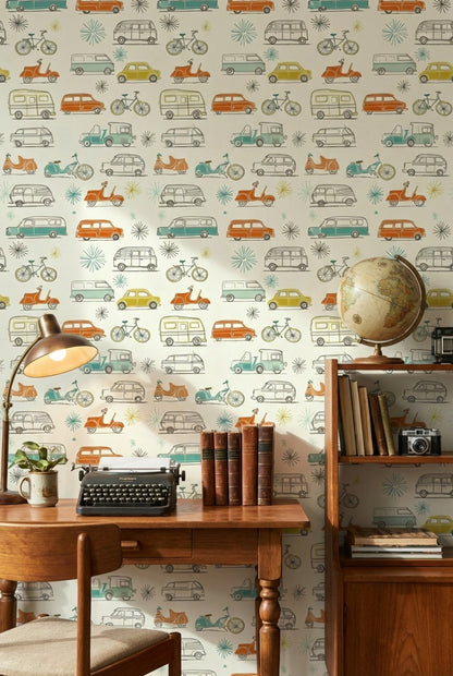 Retro Vehicles Wallpaper Colorful Playful Decorative Mural