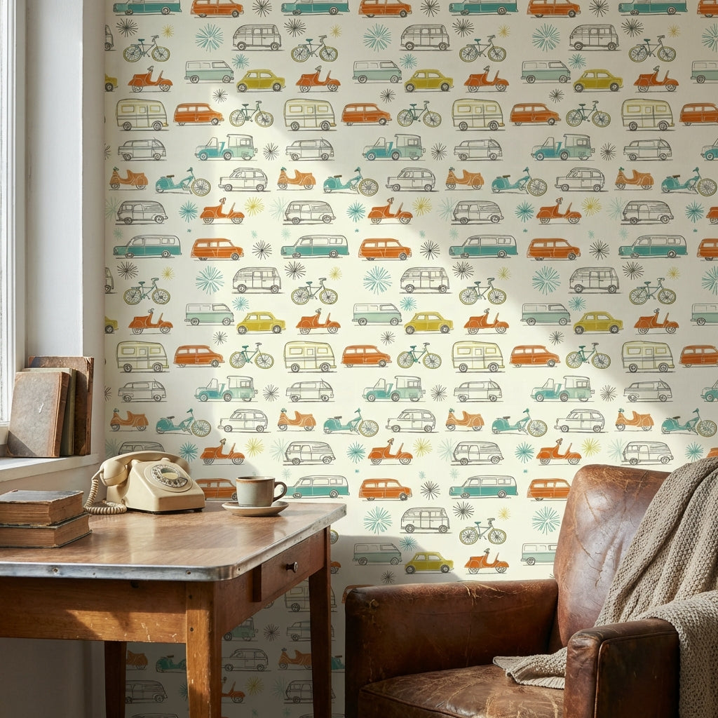 Retro Vehicles Wallpaper Colorful Playful Decorative Mural