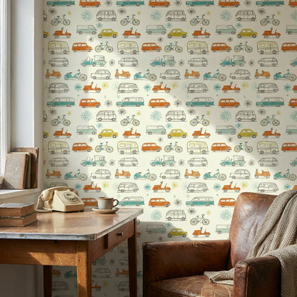 Retro Vehicles Wallpaper Colorful Playful Decorative Mural