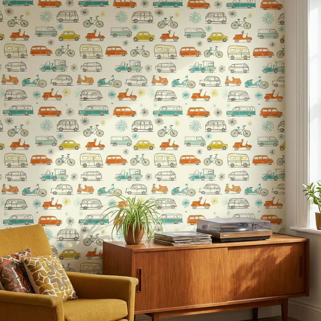 Retro Vehicles Wallpaper Colorful Playful Decorative Mural