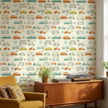 Retro Vehicles Wallpaper Colorful Playful Decorative Mural