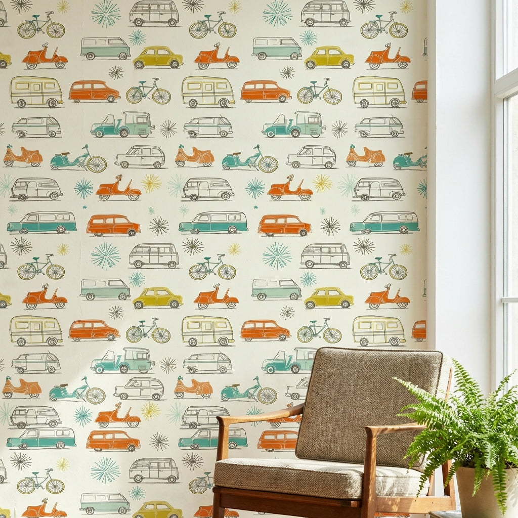 Retro Vehicles Wallpaper Colorful Playful Decorative Mural