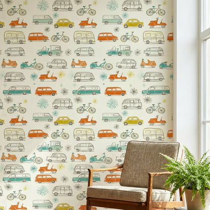 Retro Vehicles Wallpaper Colorful Playful Decorative Mural
