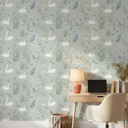 Swans Wallpaper Herons Lotus Removable Wall Decor