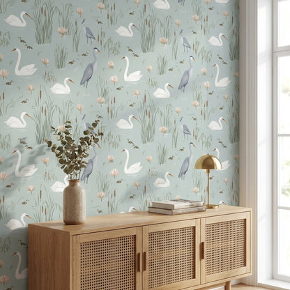 Swans Wallpaper Herons Lotus Removable Wall Decor