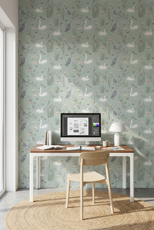 Swans Wallpaper Herons Lotus Removable Wall Decor
