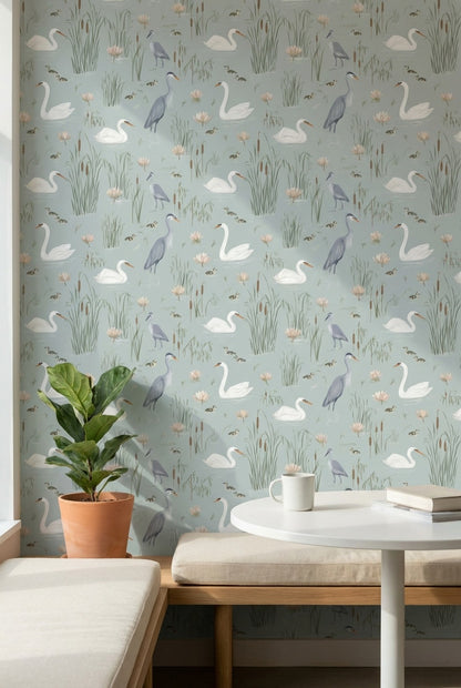Swans Wallpaper Herons Lotus Removable Wall Decor