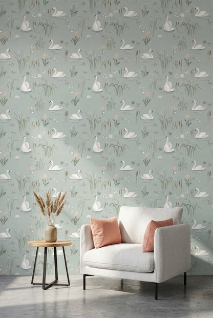 Swans Wallpaper Water Lilies Removable Minimalist Wall Mural