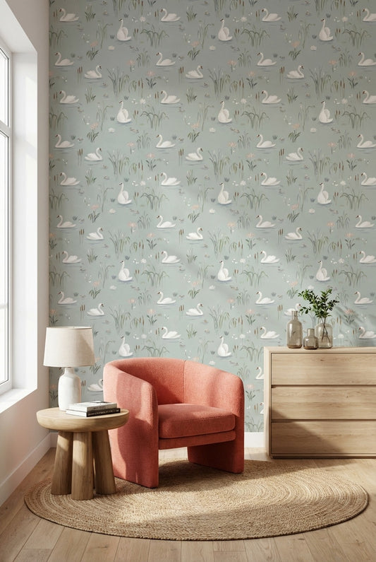 Swans Wallpaper Water Lilies Removable Minimalist Wall Mural