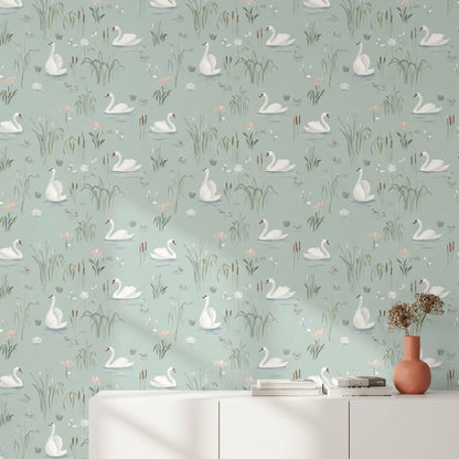 Swans Wallpaper Water Lilies Removable Minimalist Wall Mural