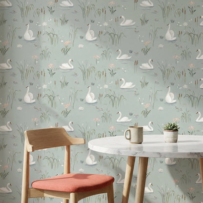 Swans Wallpaper Water Lilies Removable Minimalist Wall Mural