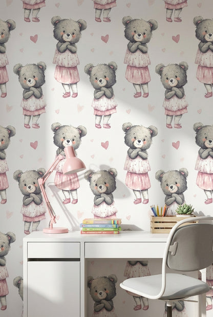 Teddy Bear Wallpaper Hearts Cute Decorative Mural