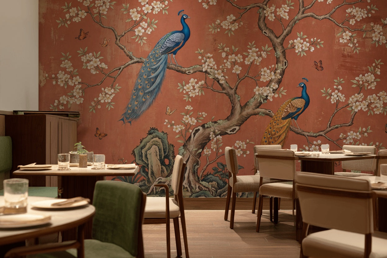 Peacocks Wallpaper Floral Oriental Wall Mural