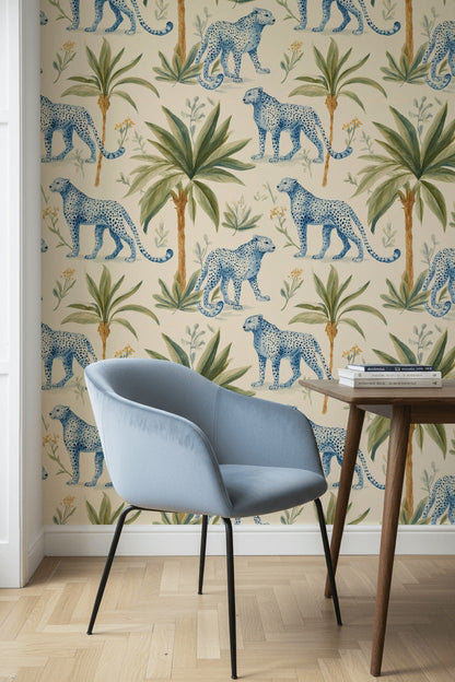 Leopards Wallpaper Tropical Blue Wall Decor