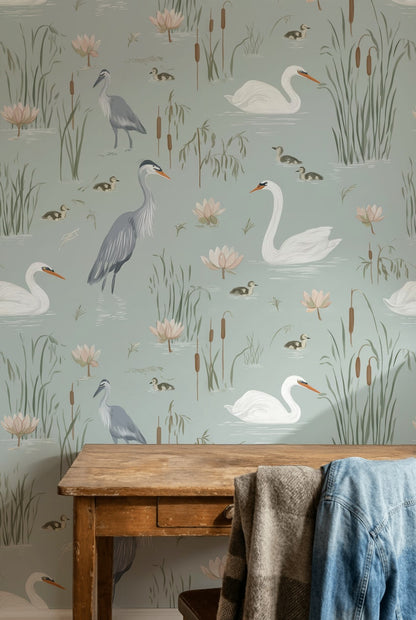 Swans Wallpaper Herons Lotus Removable Wall Decor
