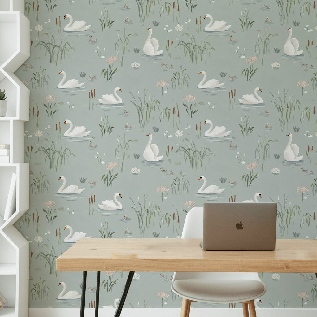Swans Wallpaper Water Lilies Removable Minimalist Wall Mural