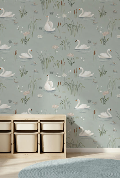 Swans Wallpaper Water Lilies Removable Minimalist Wall Mural
