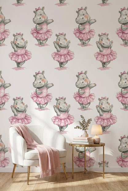 Whimsical Hippopotamus Wallpaper Pink White Background Wall Art