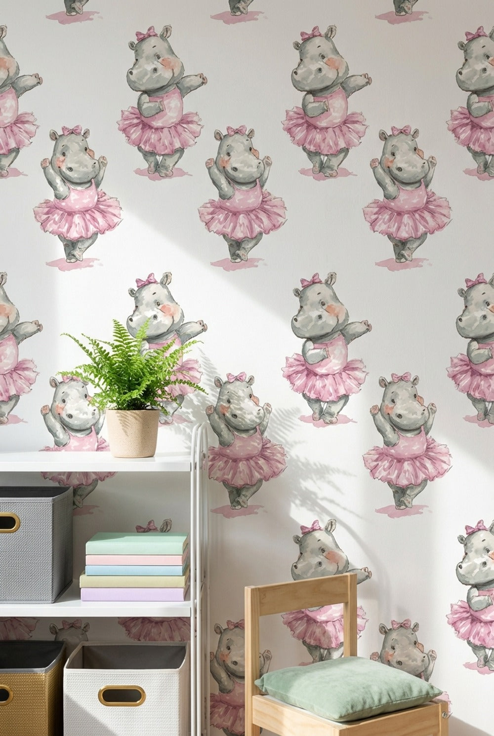 Whimsical Hippopotamus Wallpaper Pink White Background Wall Art