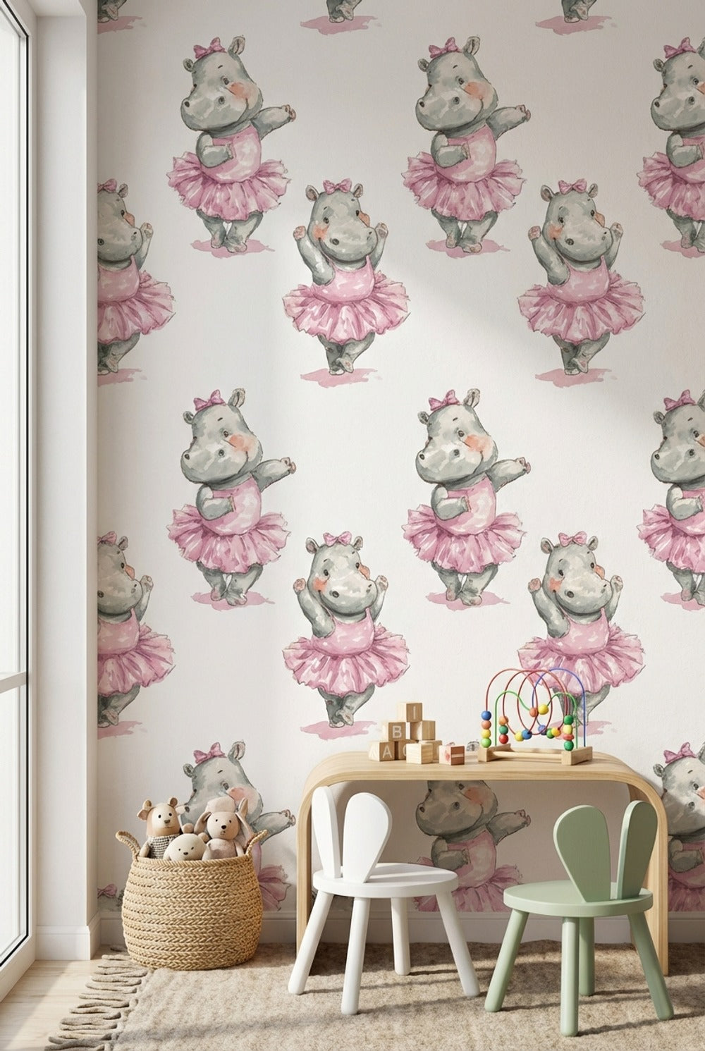 Whimsical Hippopotamus Wallpaper Pink White Background Wall Art
