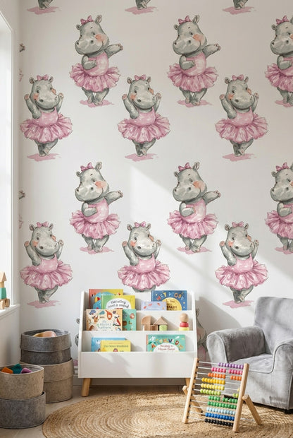 Whimsical Hippopotamus Wallpaper Pink White Background Wall Art
