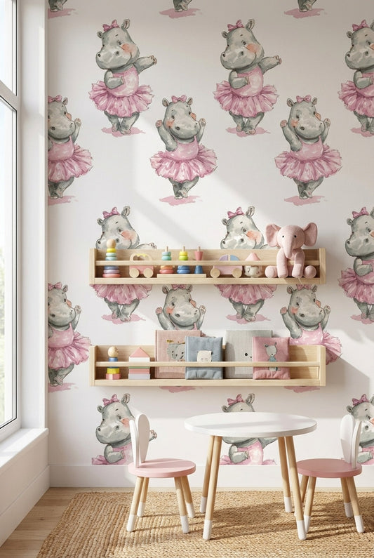 Whimsical Hippopotamus Wallpaper Pink White Background Wall Art