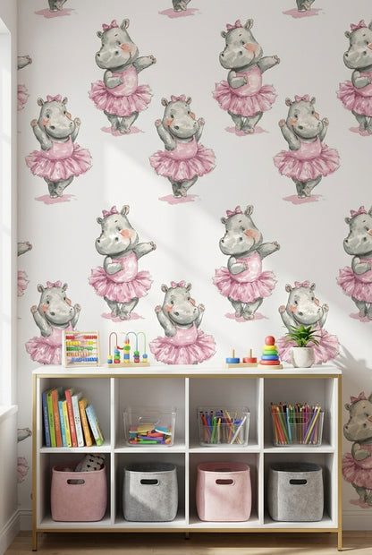 Whimsical Hippopotamus Wallpaper Pink White Background Wall Art