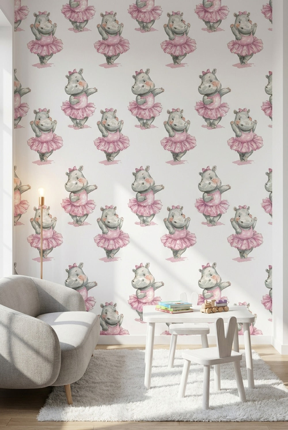 Whimsical Hippopotamus Wallpaper Pink White Background Wall Art