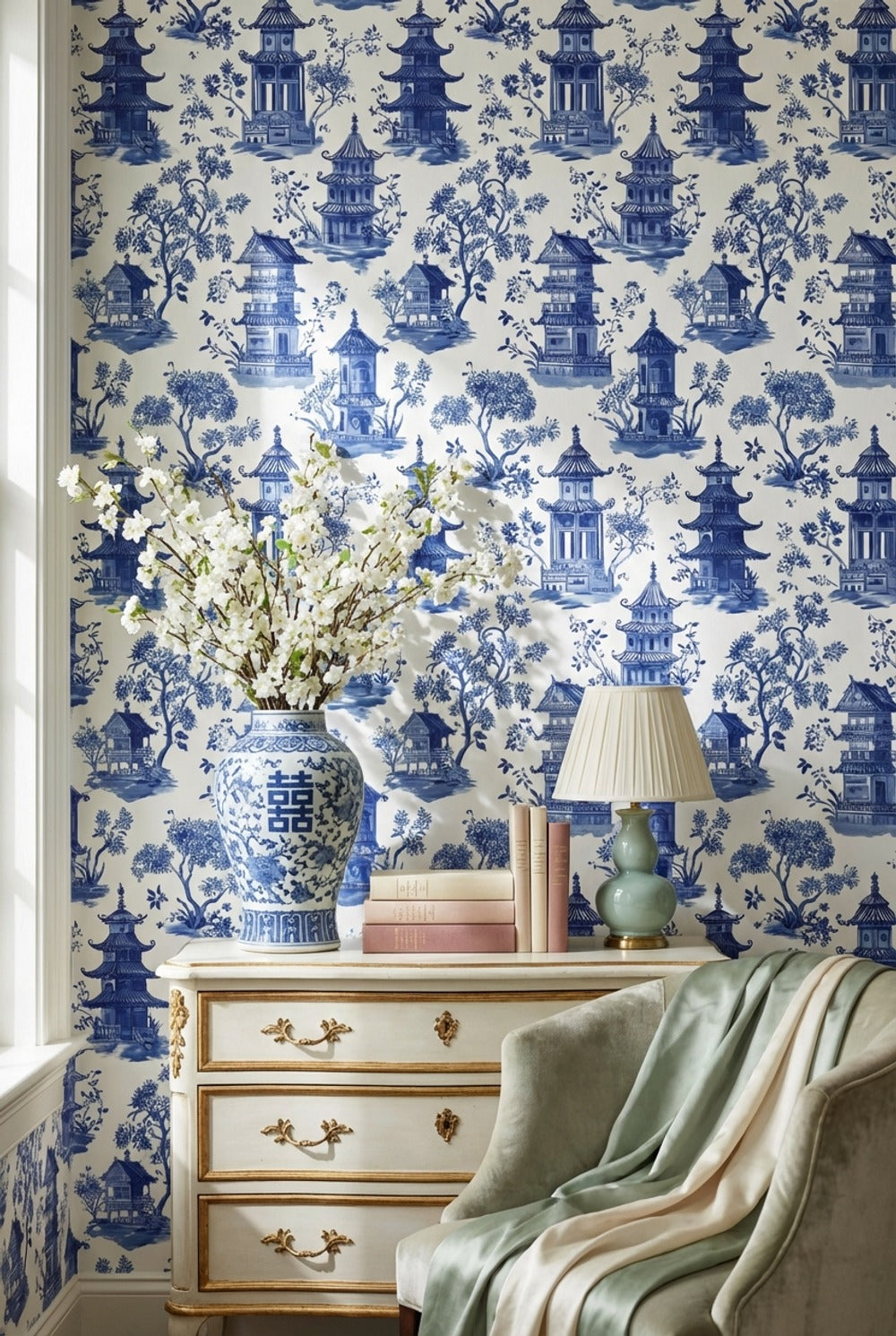 White Background Wallpaper Blue Chinoiserie Decorative Mural