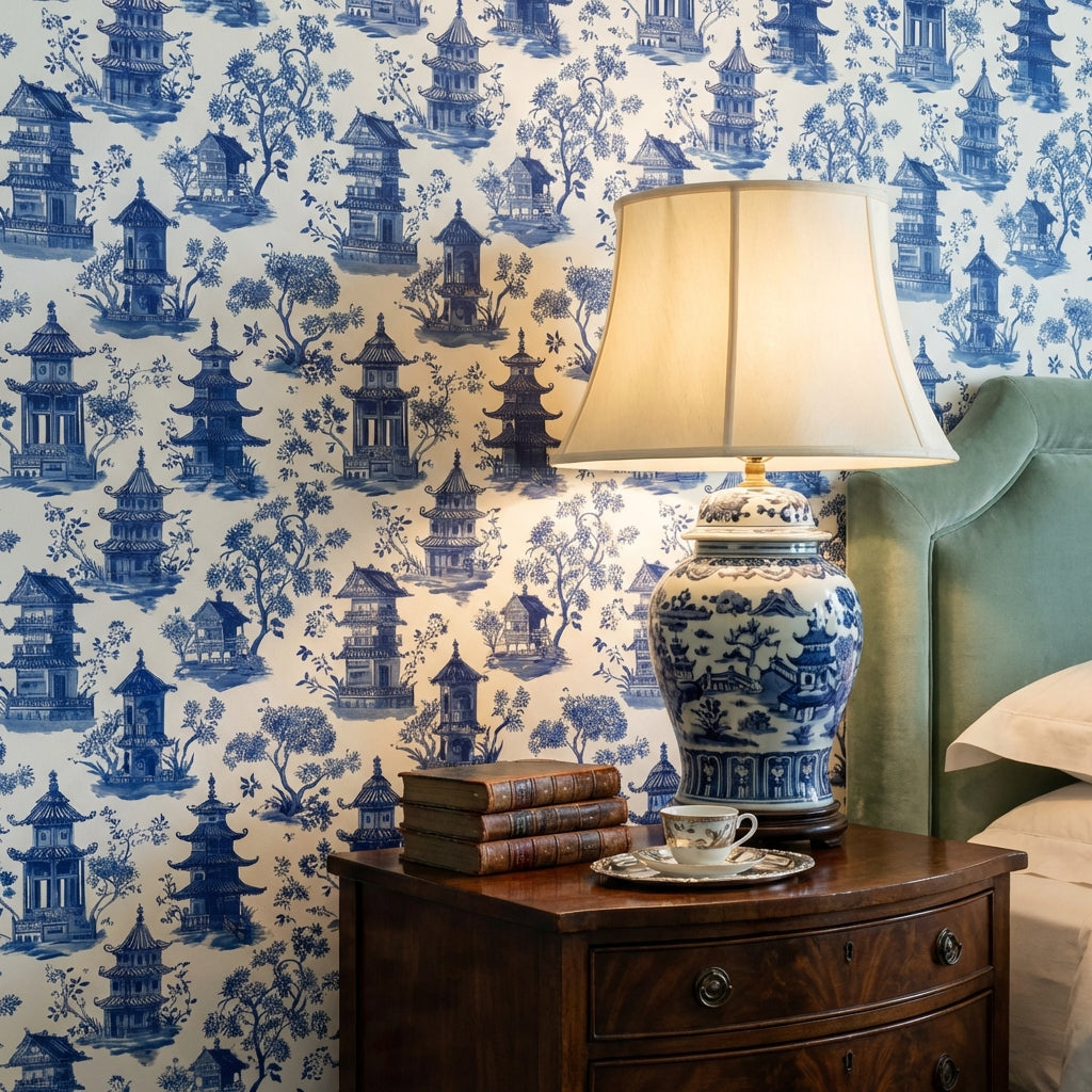 White Background Wallpaper Blue Chinoiserie Decorative Mural