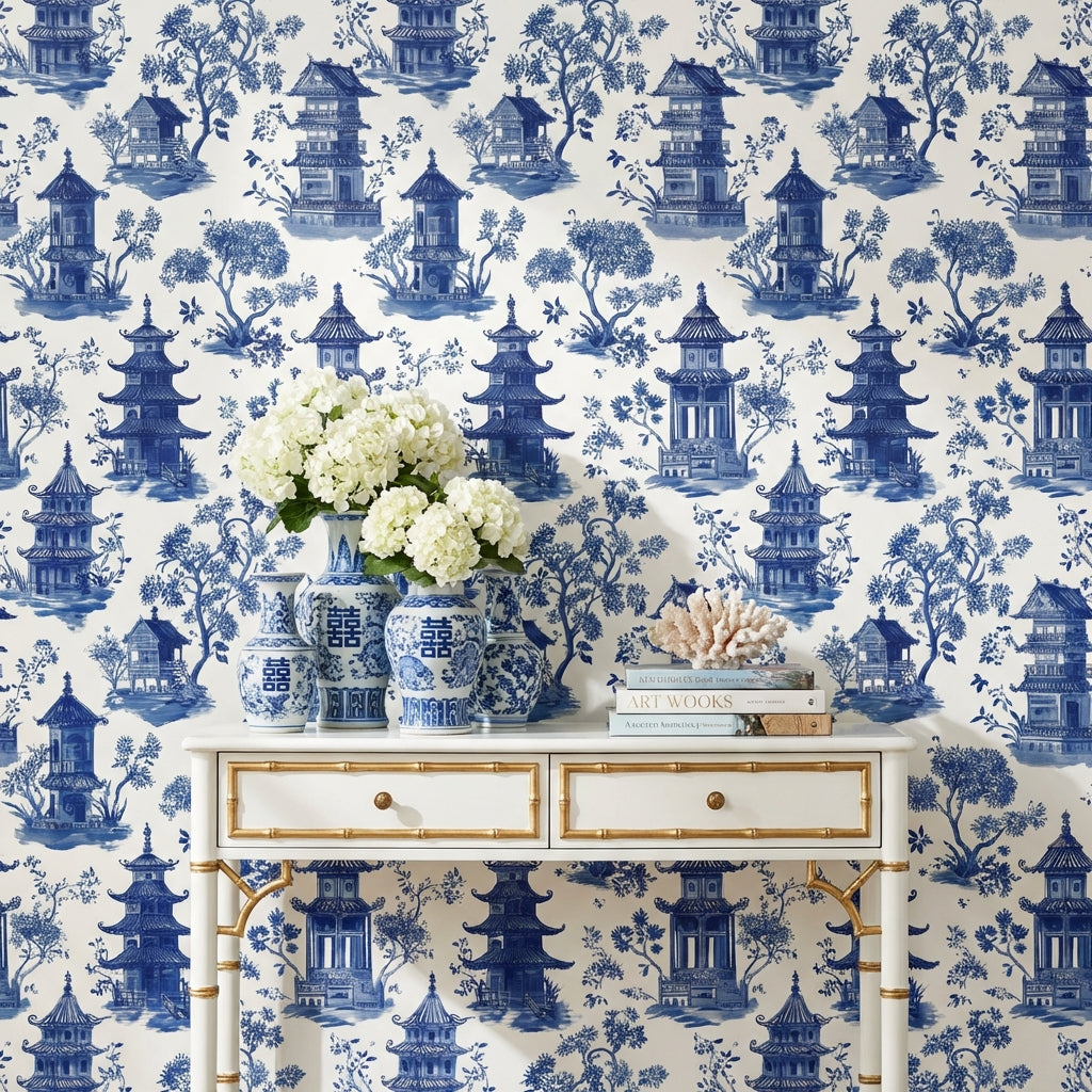 White Background Wallpaper Blue Chinoiserie Decorative Mural