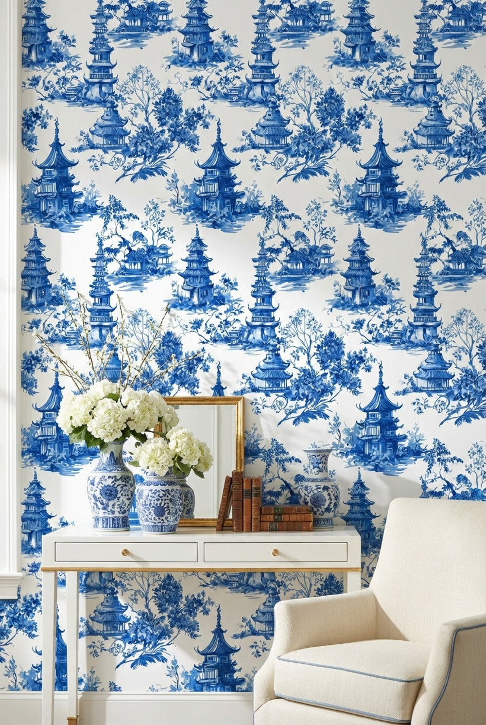 White Background Wallpaper Pagoda Classic Wall Decor