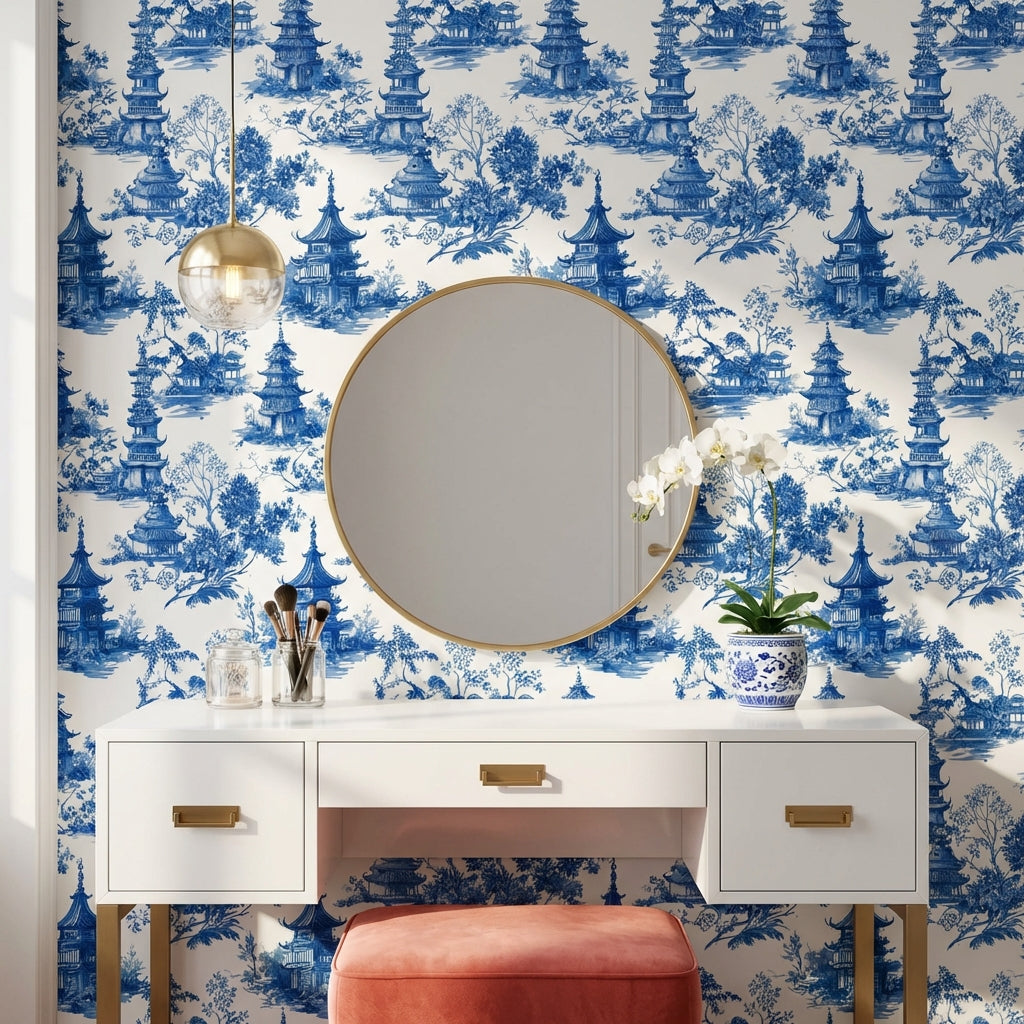White Background Wallpaper Pagoda Classic Wall Decor