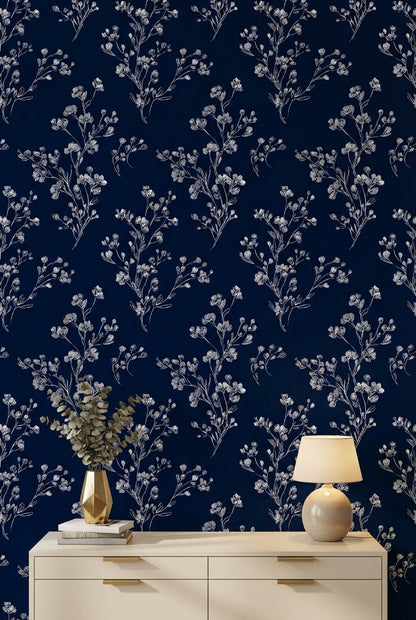 Floral Wallpaper Navy Minimalist Decorative Mural