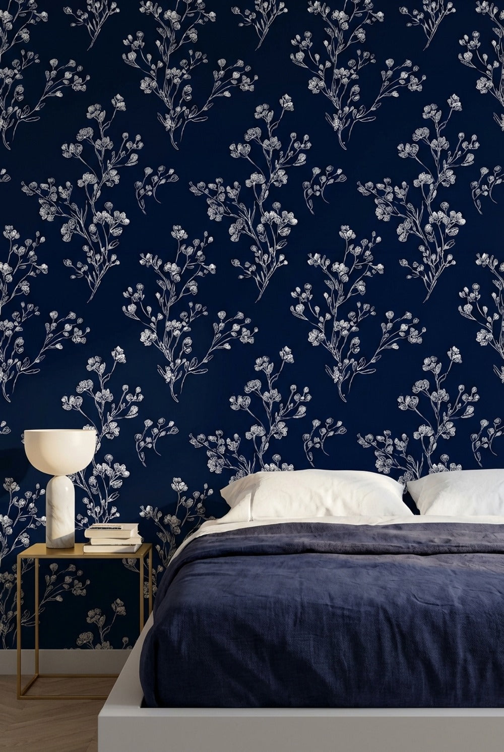 Floral Wallpaper Navy Minimalist Decorative Mural
